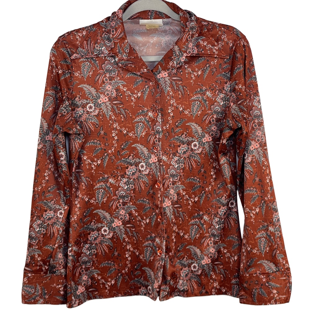 Jantzen Vintage 1970s Floral Long Sleeve Button-Up Satin Blouse Size 14 - Picture 2 of 7